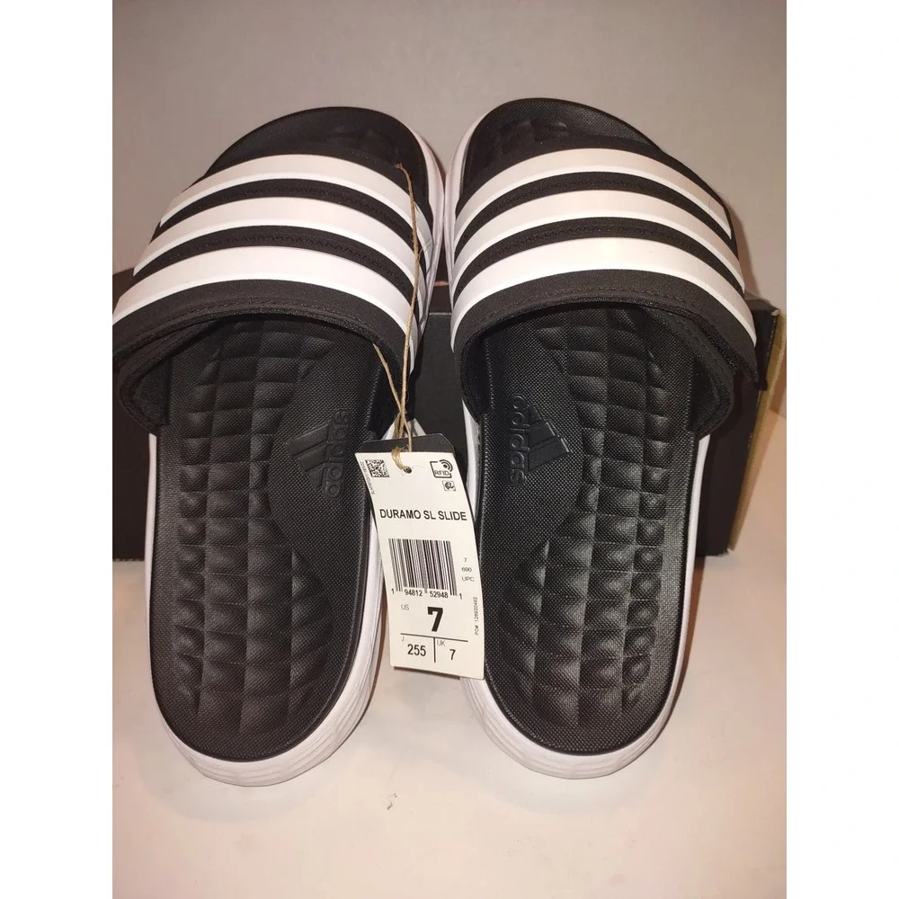 Adidas Duramo SL Slide Sandals Black White Mens Size 7 NEW NIB Athletic FY8786